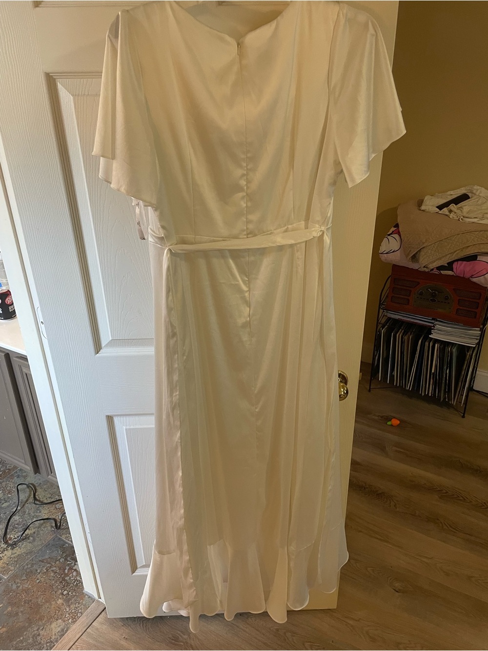 David’s bridal White Satin Wrap Dress with Ruffle Hem - Picture 4 of 6